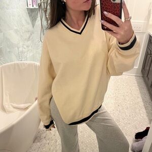 Brandy Melville Ivory V-Neck Sweater with Navy Trim